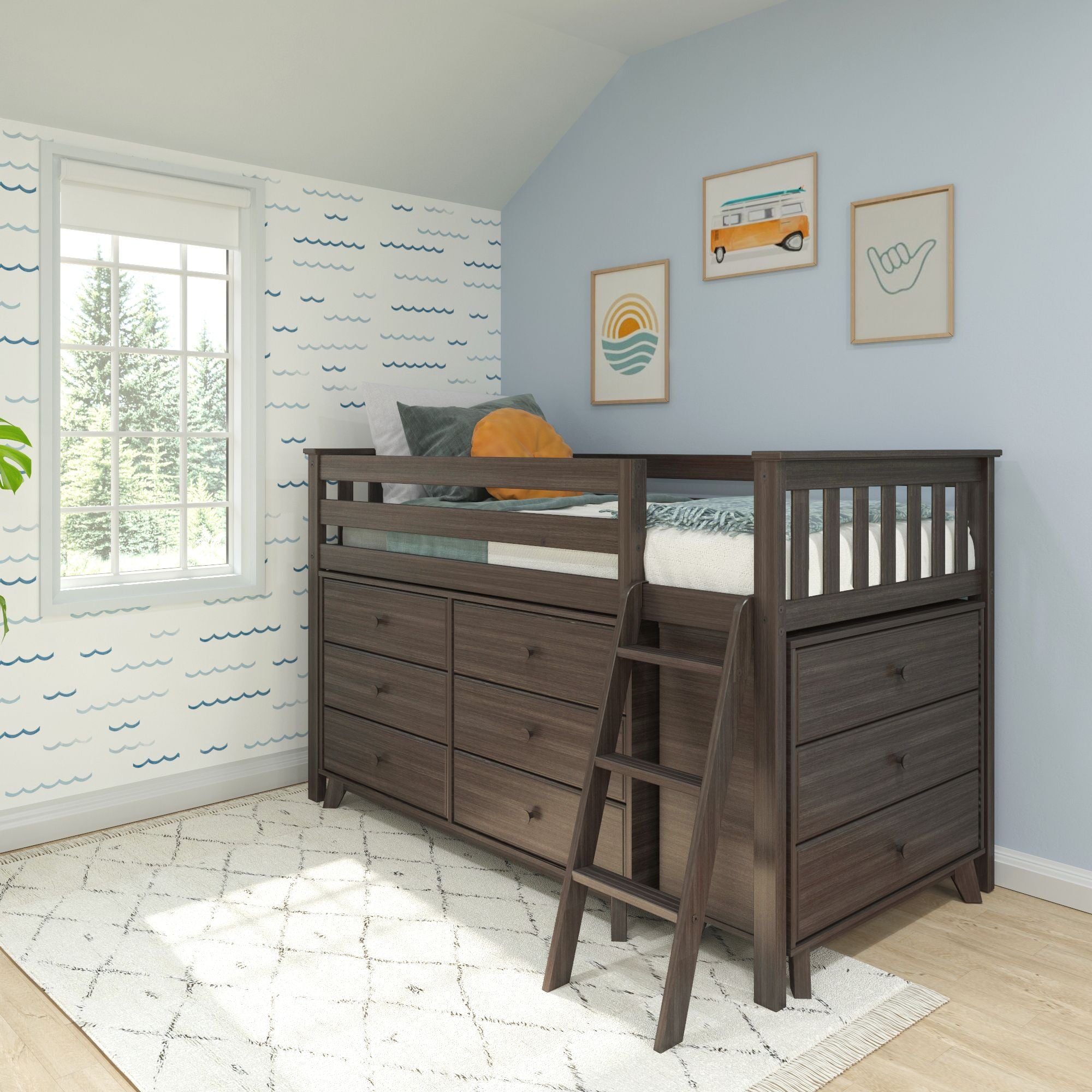 Max And Lily Twin Low Loft Bed in Clay, 2 dressers configuration - room scene.