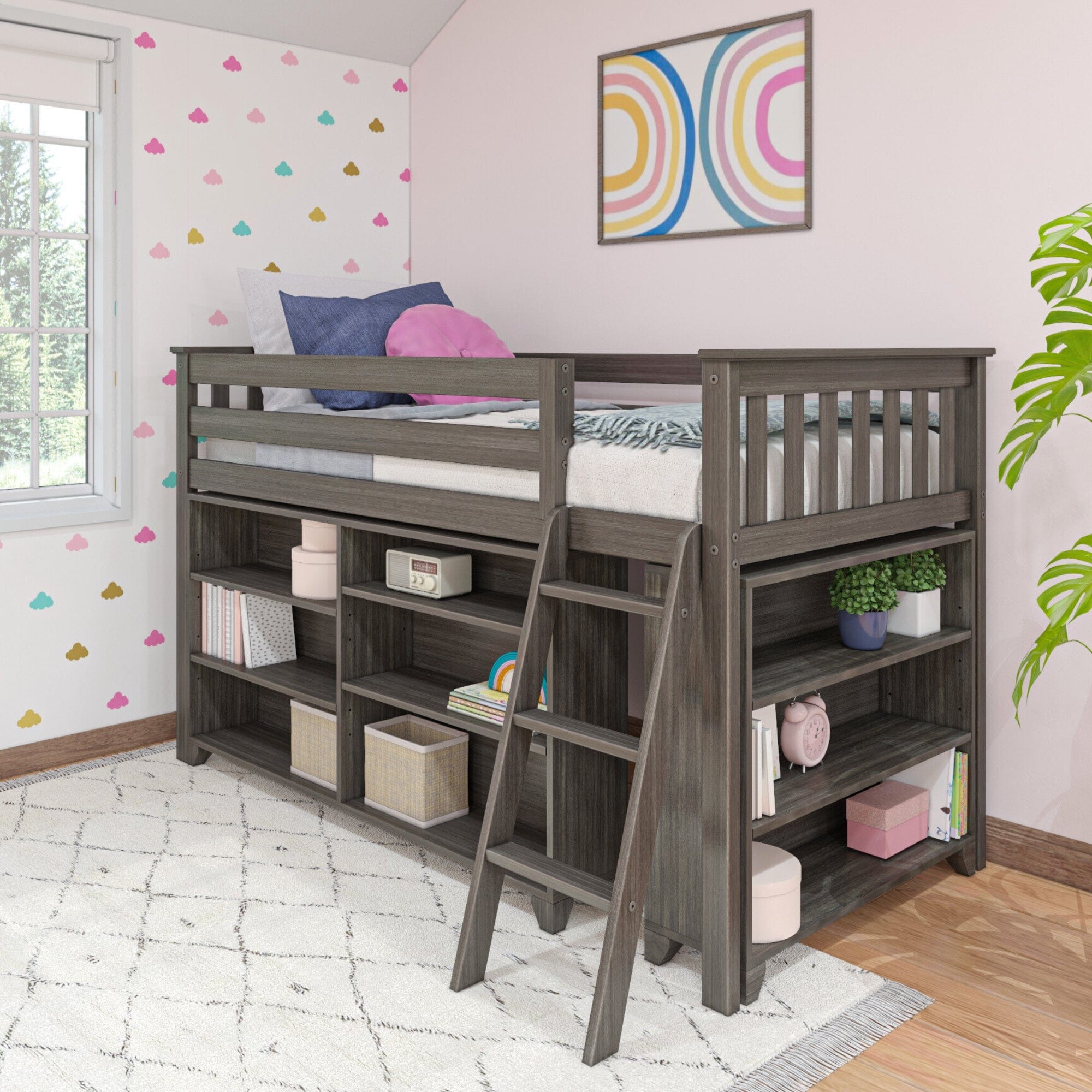 Max And Lily Twin Low Loft Bed in Clay, bookcases configuration - room scene.
