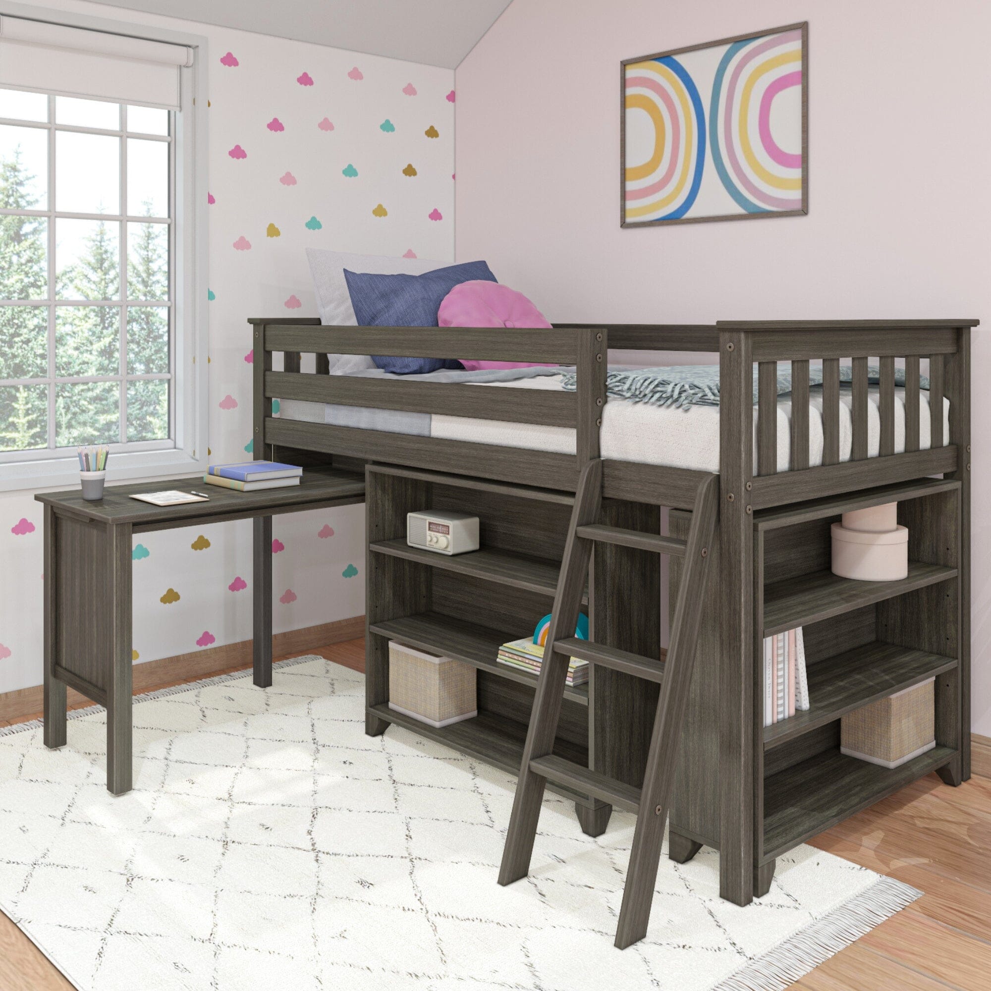 Max And Lily Twin Low Loft Bed in Clay, desk & bookcases configuration - room scene.