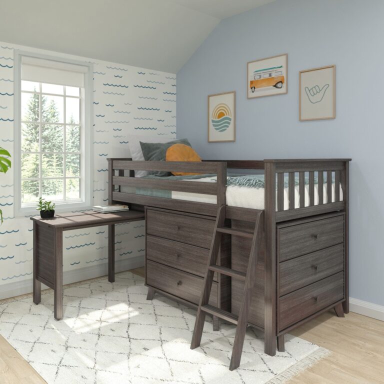 Max And Lily Twin Low Loft Bed in Clay, desk & dressers configuration - room scene.
