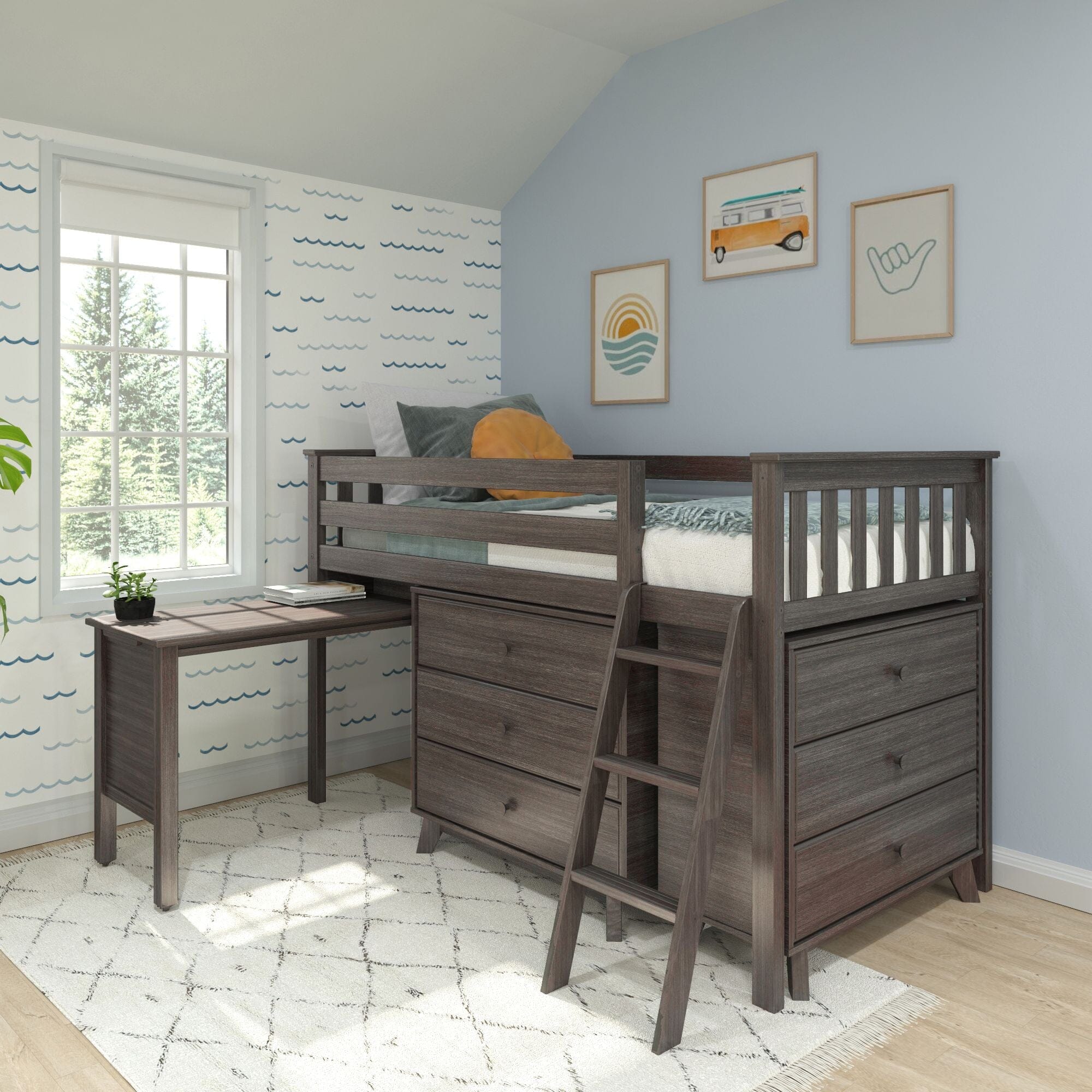 Max And Lily Twin Low Loft Bed in Clay, desk & dressers configuration - room scene.