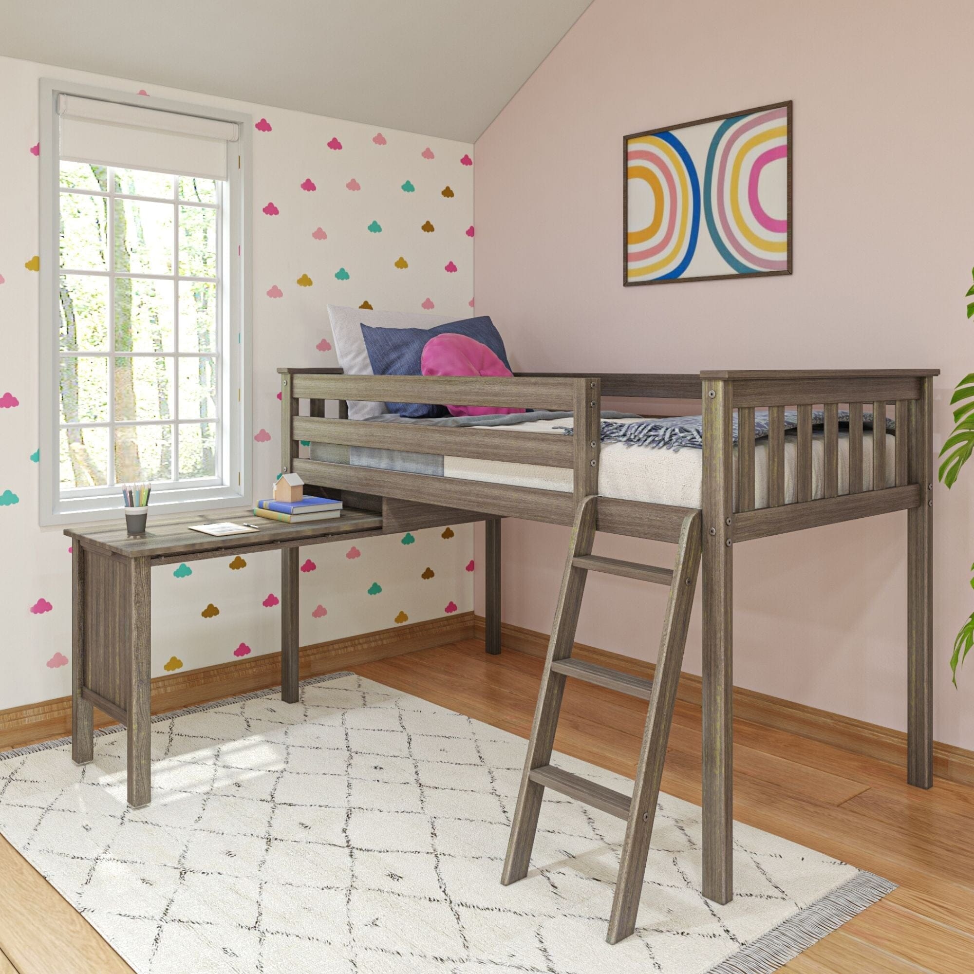 Max And Lily Twin Low Loft Bed in Clay, desk configuration - room scene.