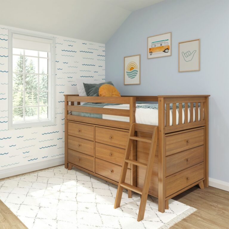 Max And Lily Twin Low Loft Bed in Pecan, 2 dressers configuration - room scene.