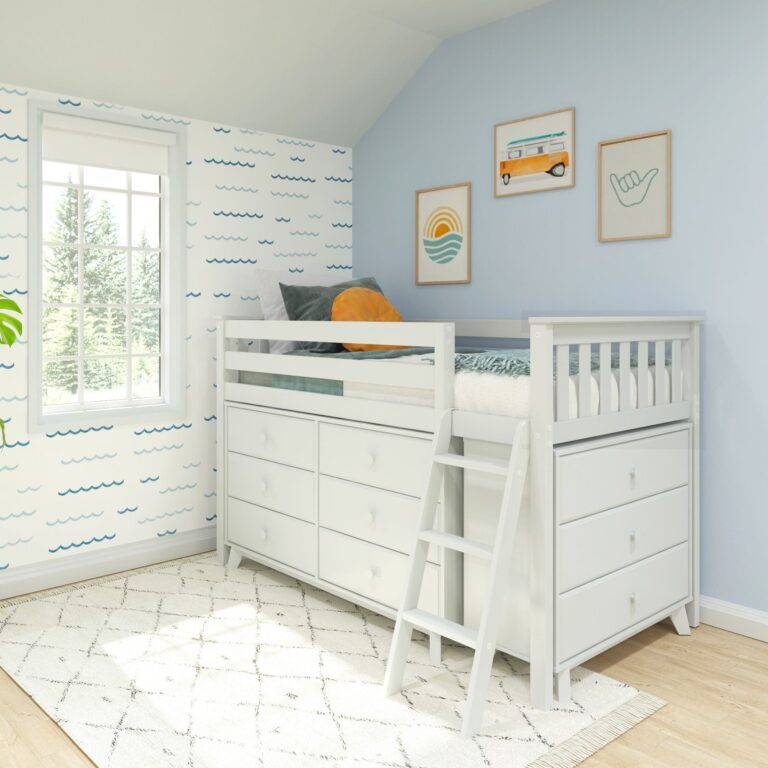 Max And Lily Twin Low Loft Bed in White, 2 dressers configuration - room scene.