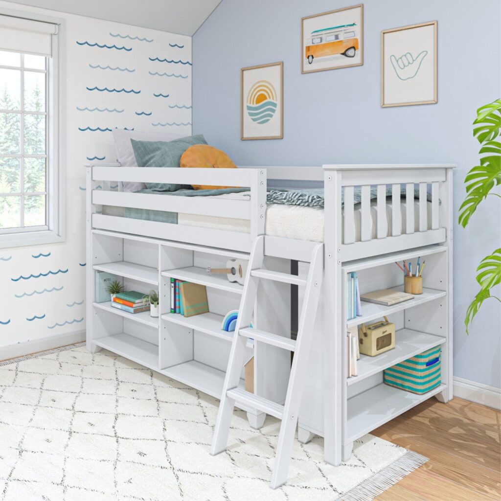 Max And Lily Twin Low Loft Bed in White, bookcases configuration - room scene.