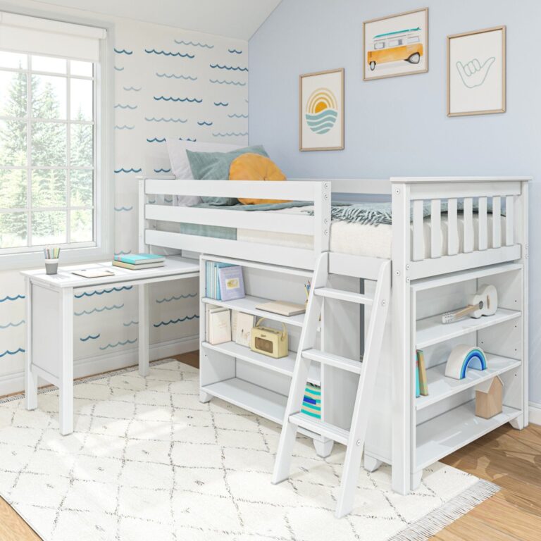 Max And Lily Twin Low Loft Bed in White, desk & bookcases configuration - room scene.