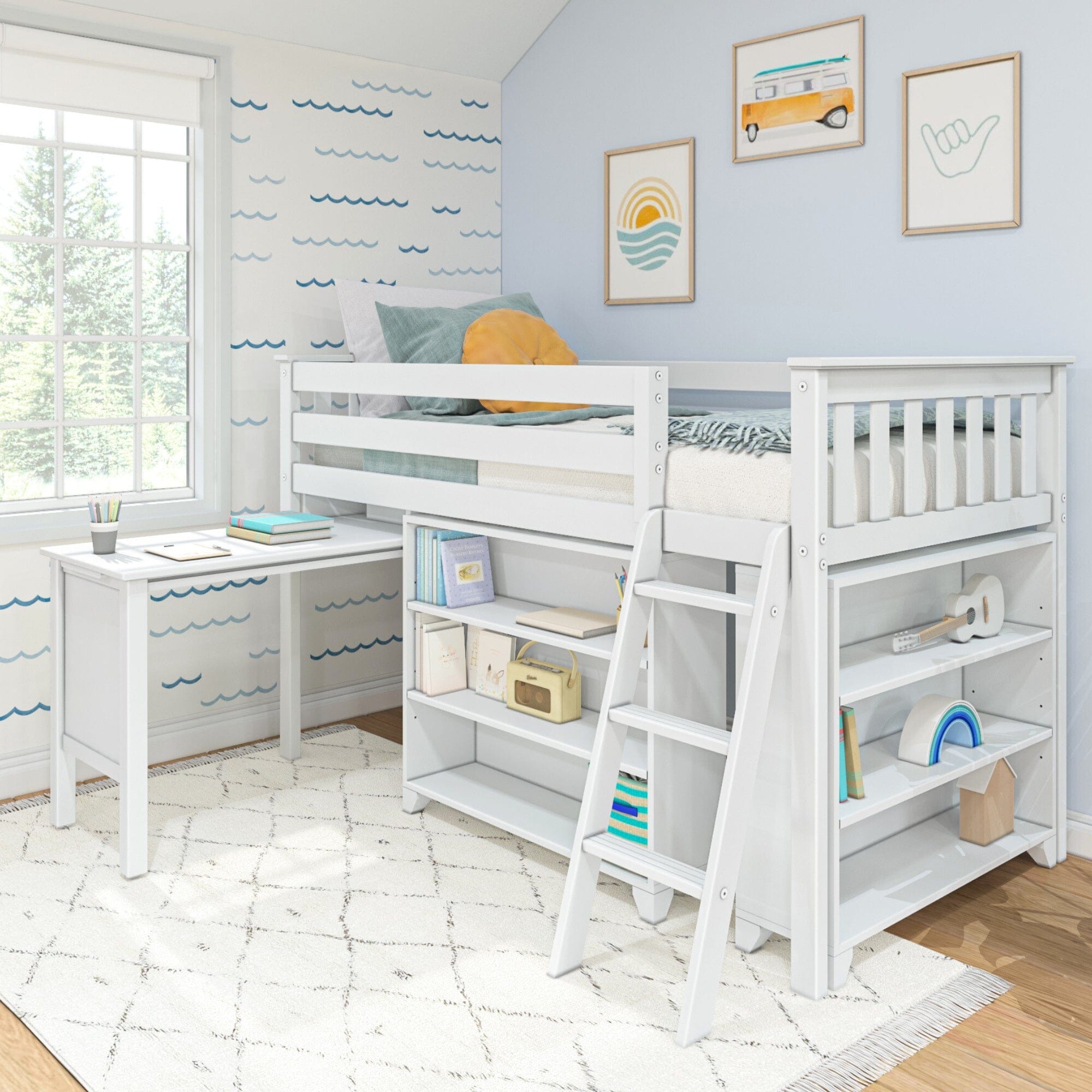 Max And Lily Twin Low Loft Bed in White, desk & bookcases configuration - room scene.