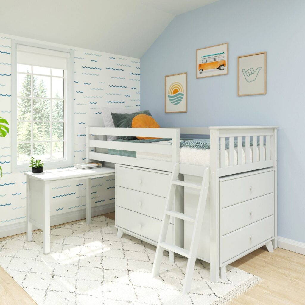 Max And Lily Twin Low Loft Bed in White, desk & dressers configuration - room scene.