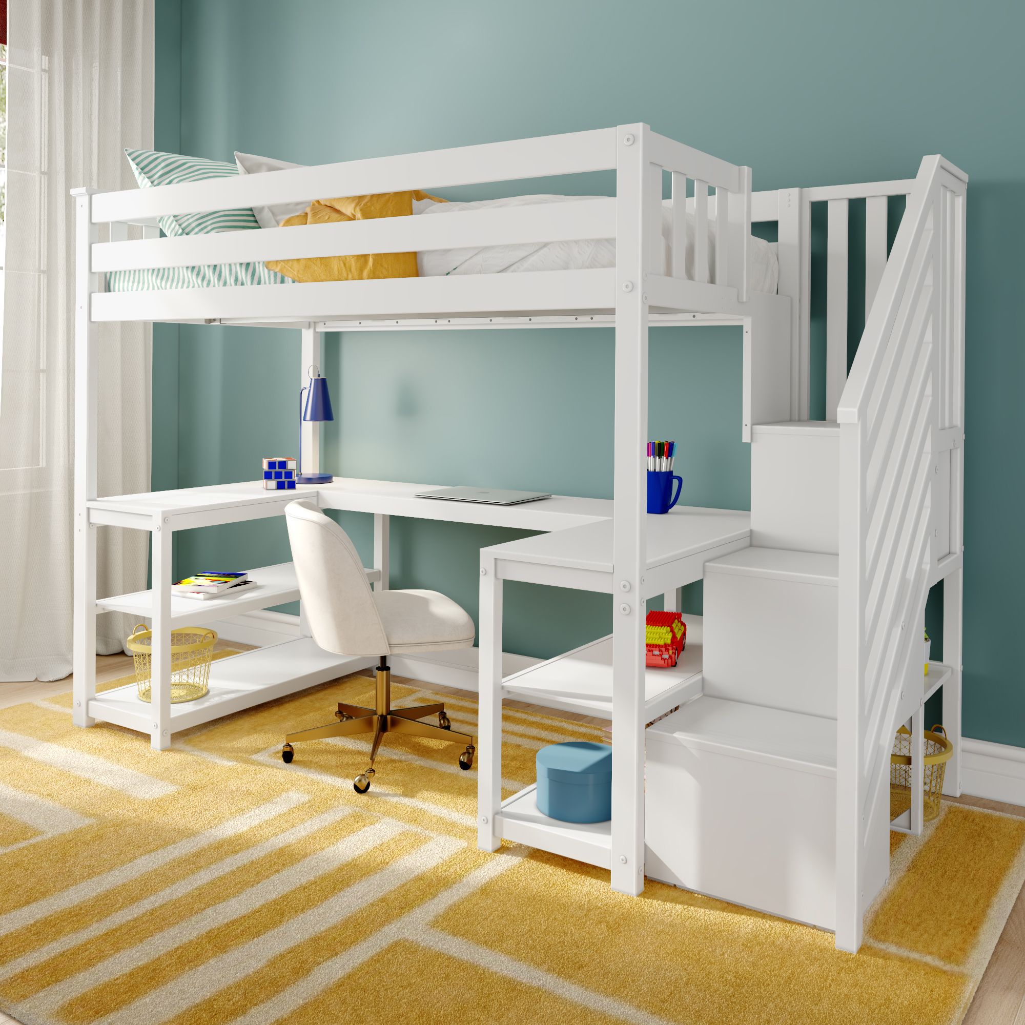 Max and Lily Twin Loft Bed With Wraparound Desk & Stairs