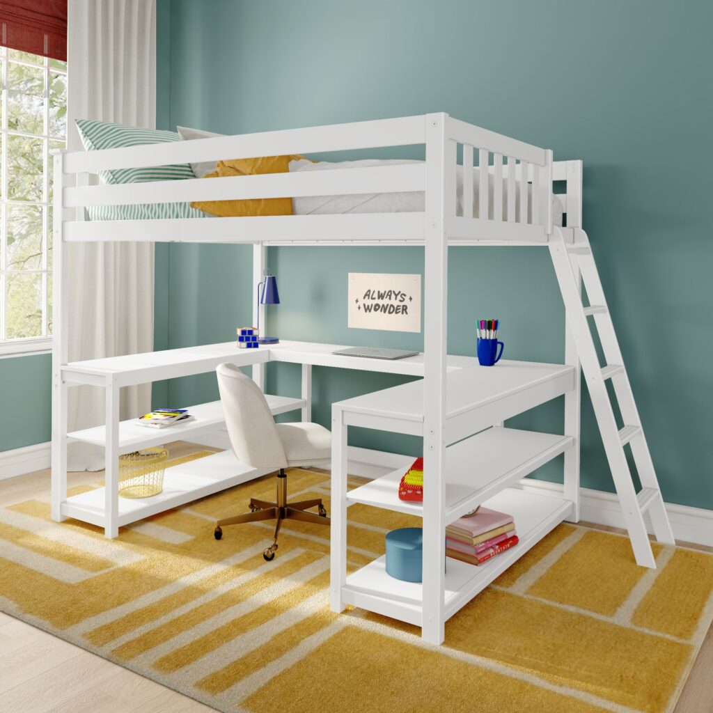 Max and Lily Full Loft Bed With Wraparound Desk & Ladder On End