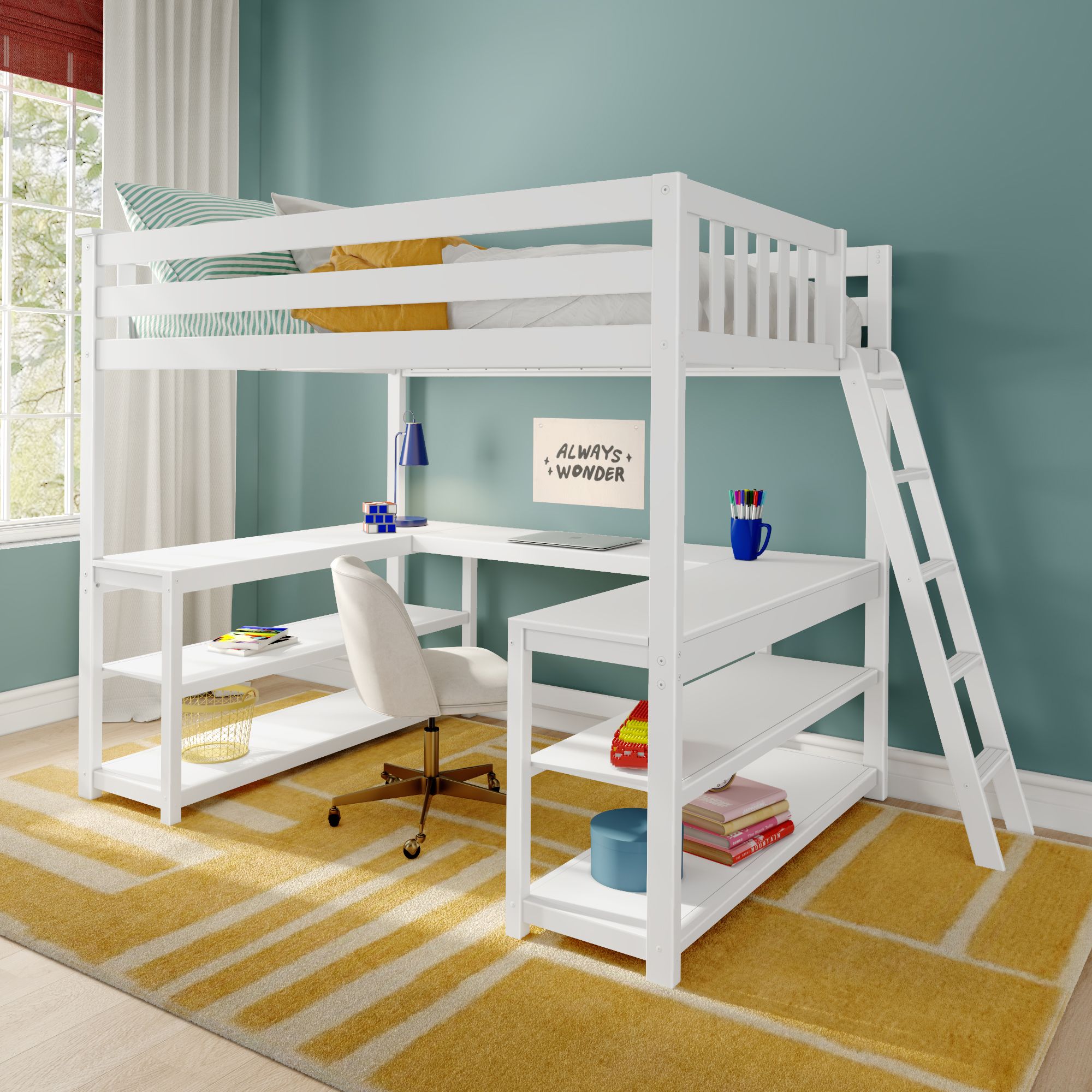 Max and Lily Full Loft Bed With Wraparound Desk & Ladder On End