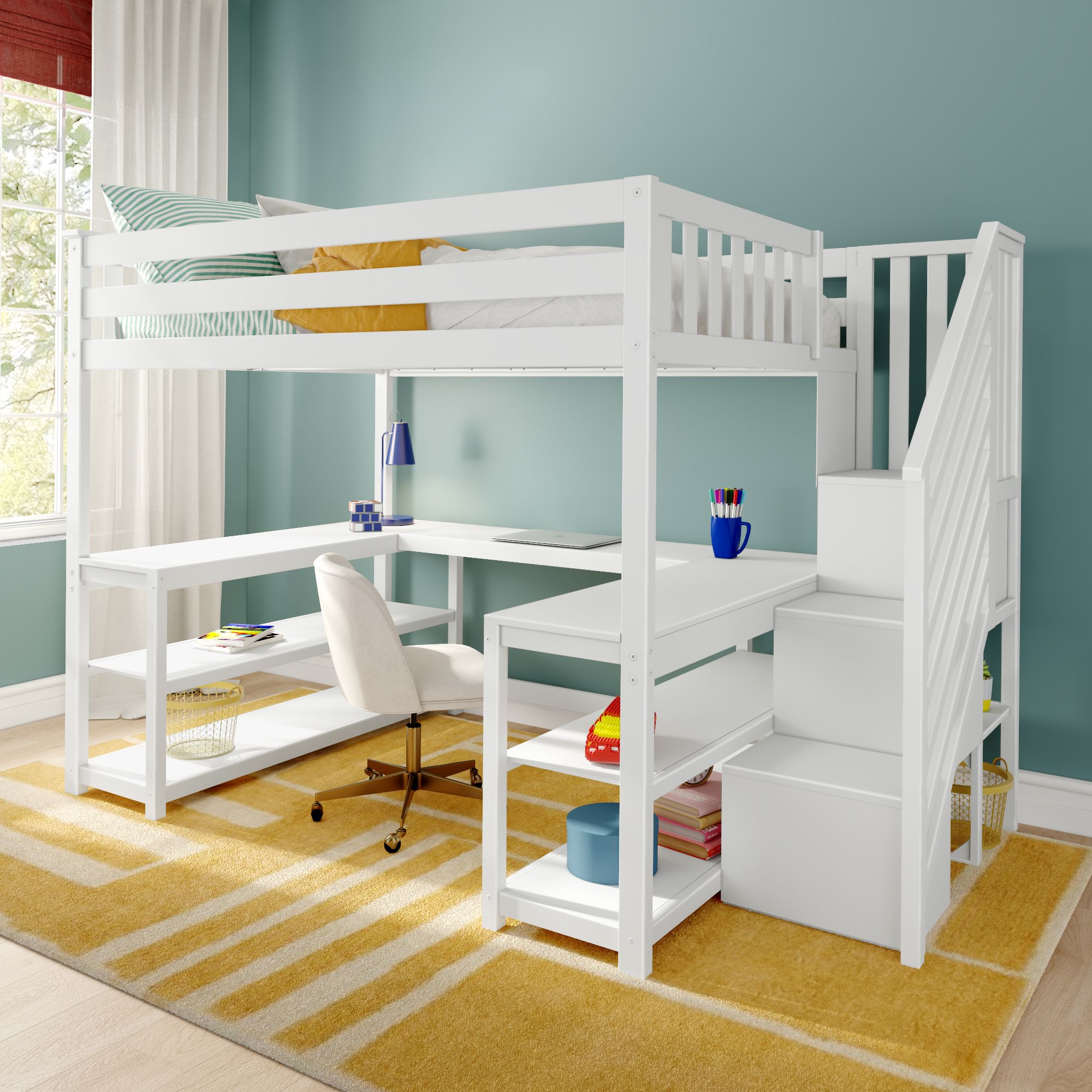 Max and Lily Full Loft Bed With Wraparound Desk & Stairs