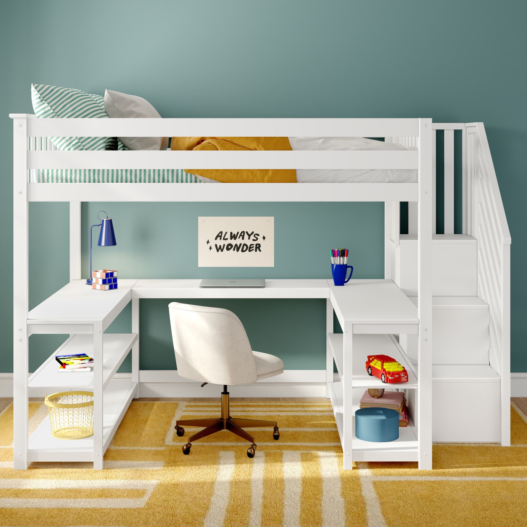 Max and Lily Full Loft Bed With Wraparound Desk & Stairs - Image 3